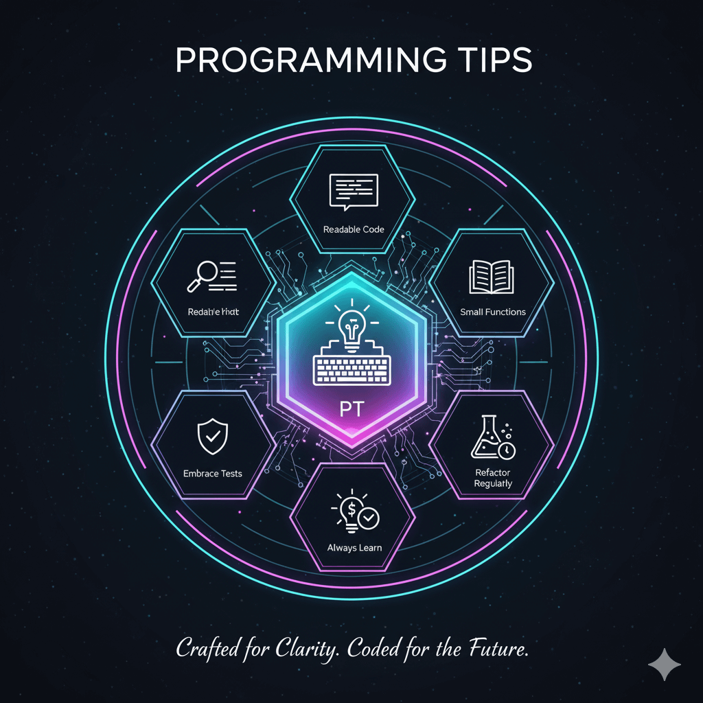Developer's desk with a complex code screen, multiple monitors, and a stylized clock showing time management