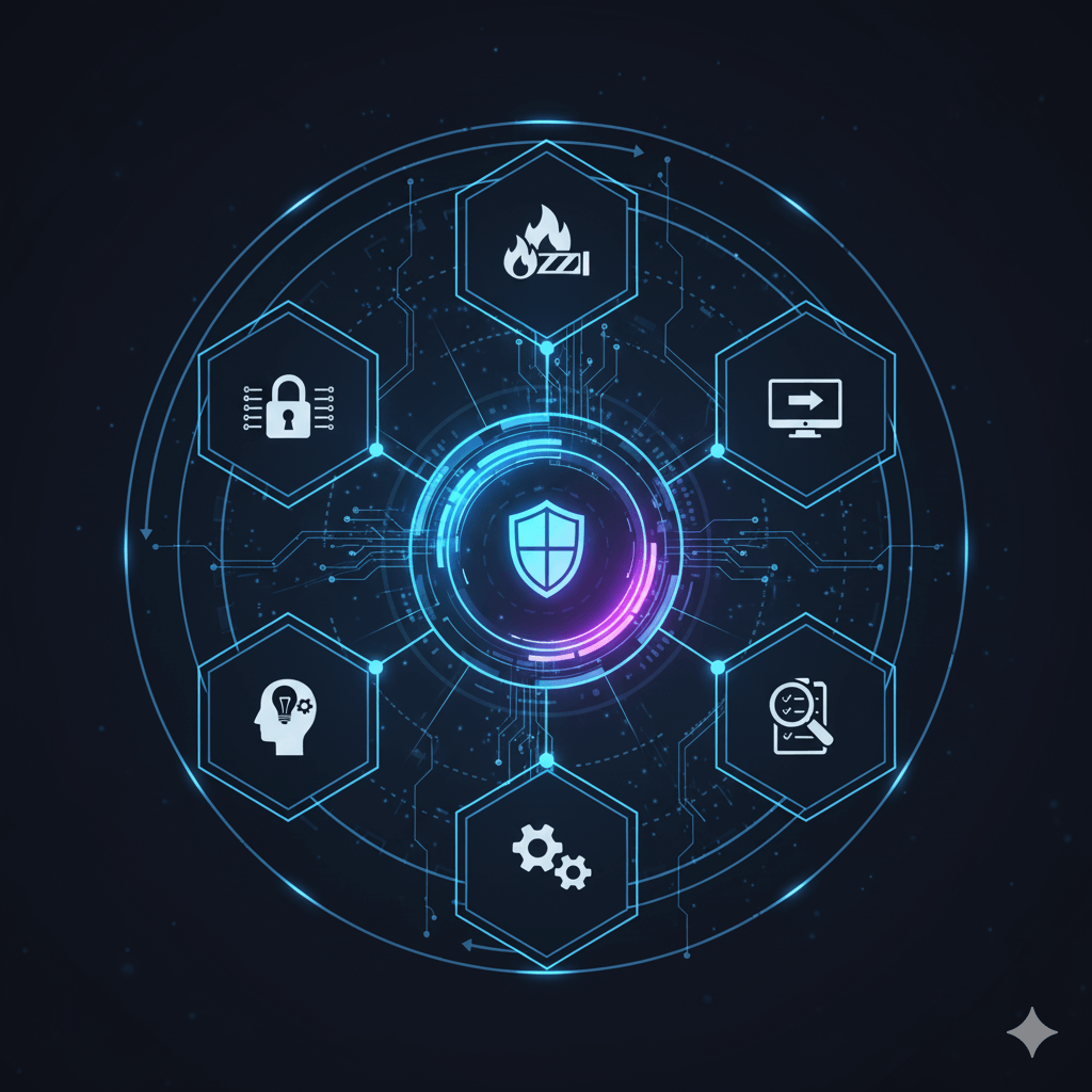 Digital shield protecting multiple dispersed icons representing remote workers and their devices connected to a central cloud server