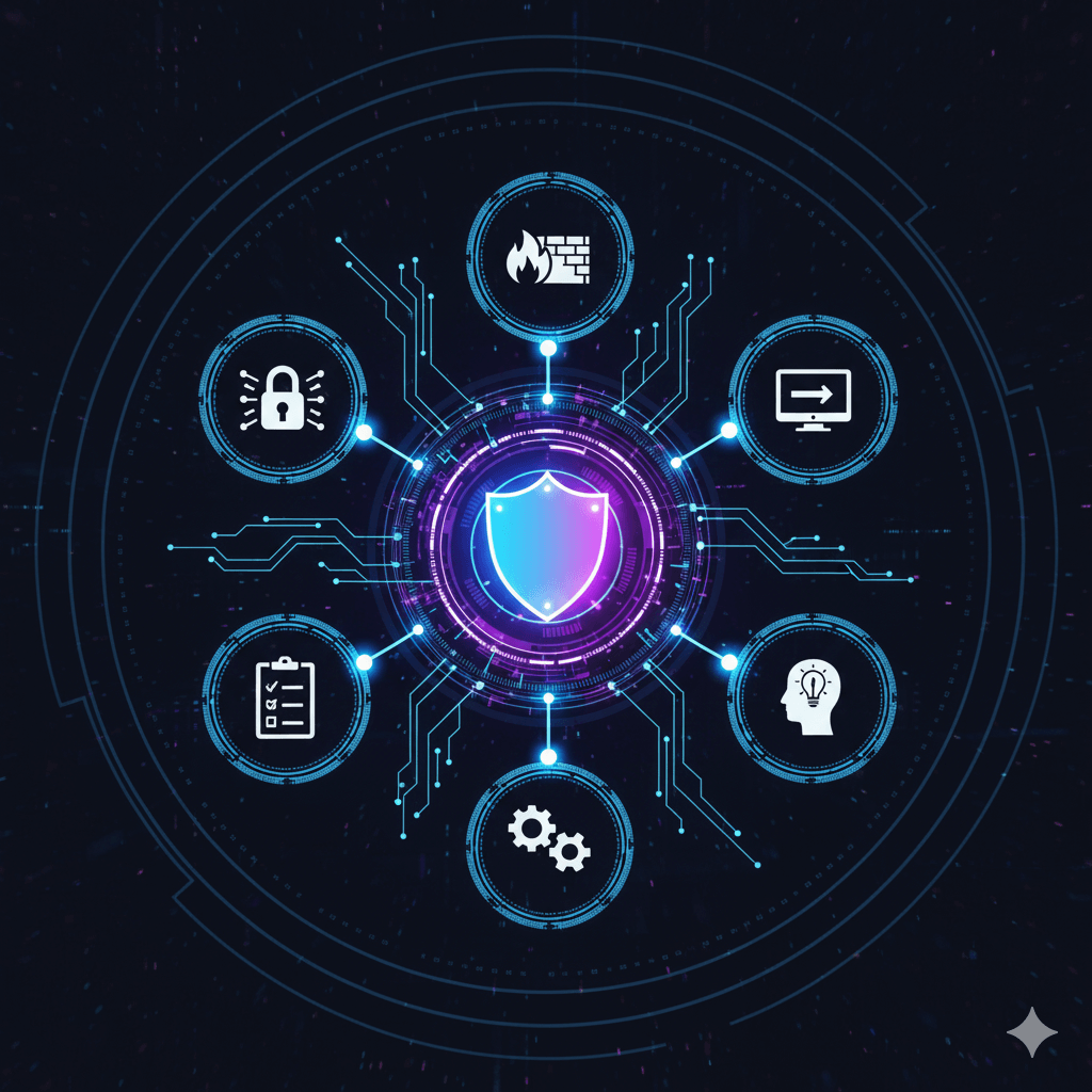 Illustration of cybersecurity shield protecting data and networks